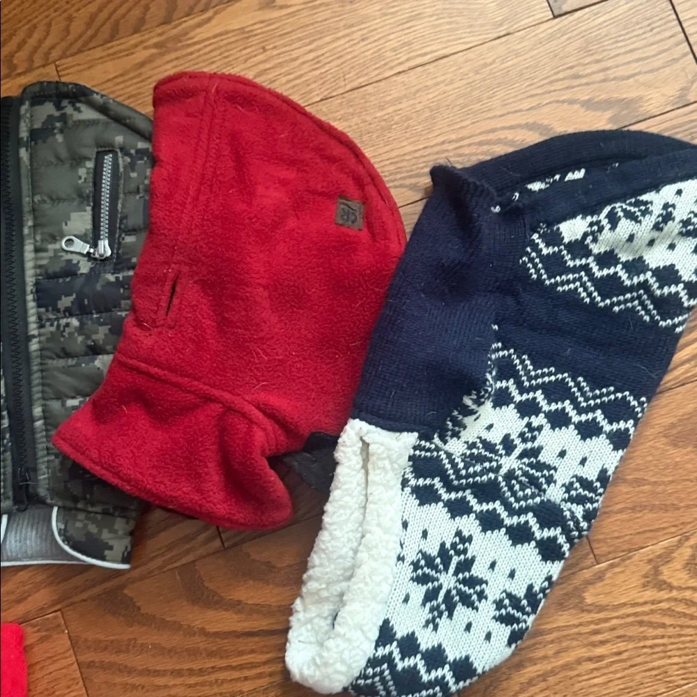 Assorted 9 Dog Sweaters and Accessories for small dog.